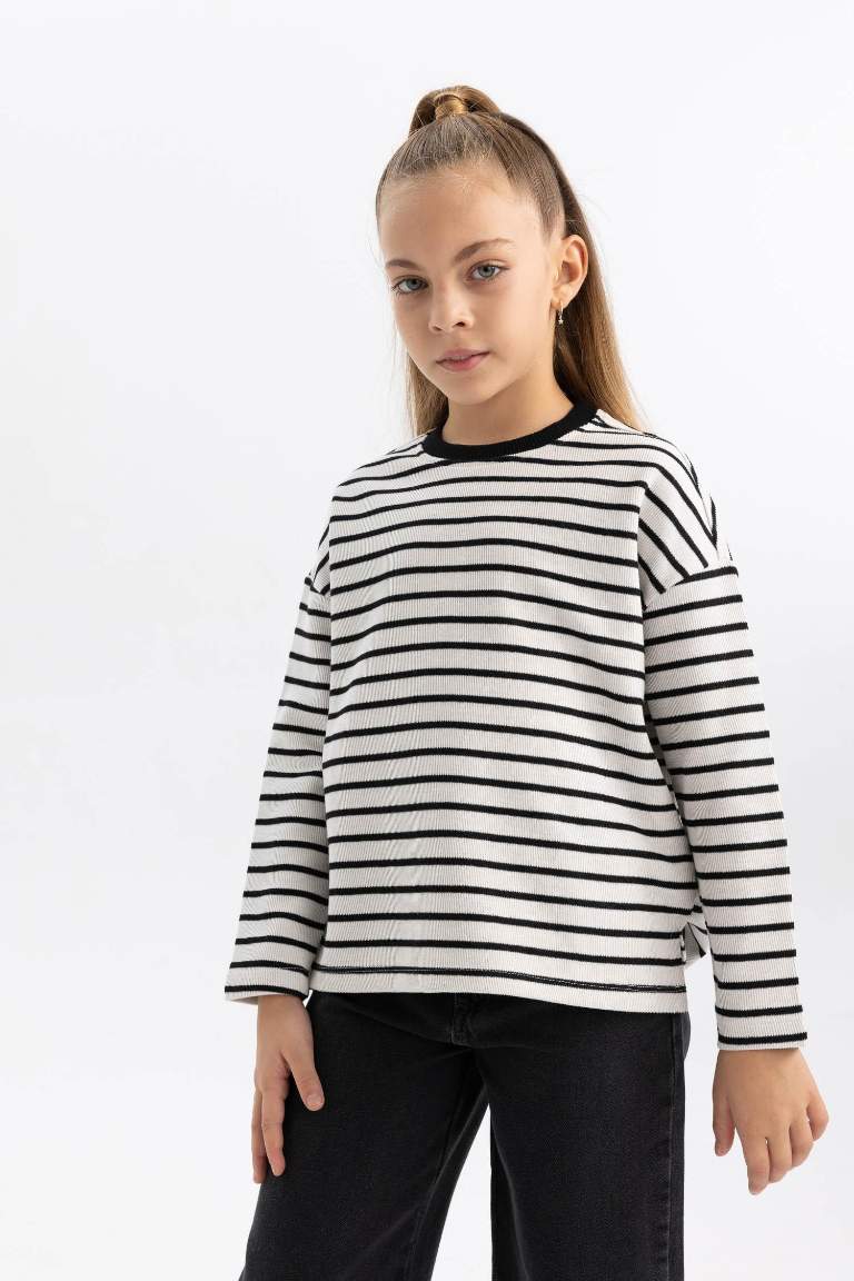 Girl Loose Fit Striped Crew Neck Sweatshirt