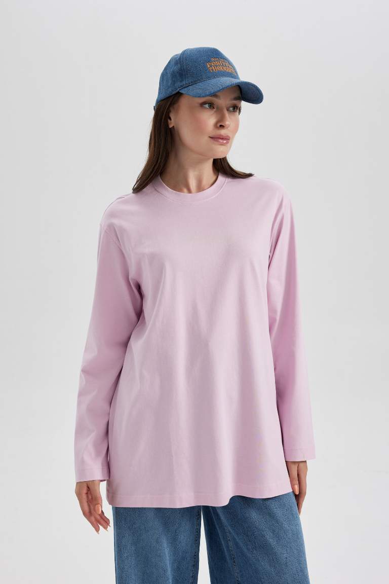 Regular Fit Crew Neck Slogan Pattern Long Sleeve Tunic