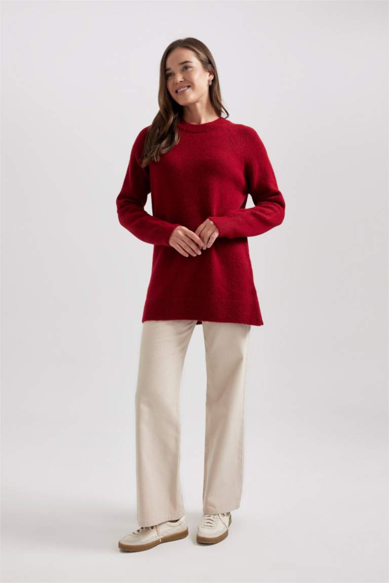 Regular Fit Bisiklet Yaka Basic Düz Kırmızı Triko Kazak Tunik