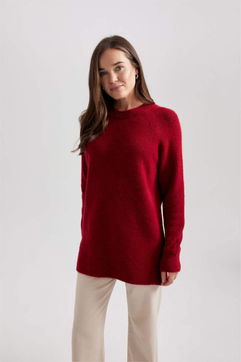 Regular Fit Bisiklet Yaka Basic Düz Kırmızı Triko Kazak Tunik