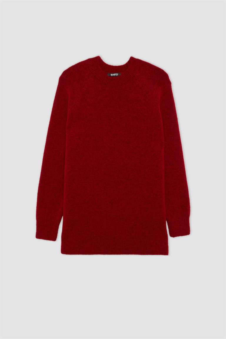 Regular Fit Bisiklet Yaka Basic Düz Kırmızı Triko Kazak Tunik