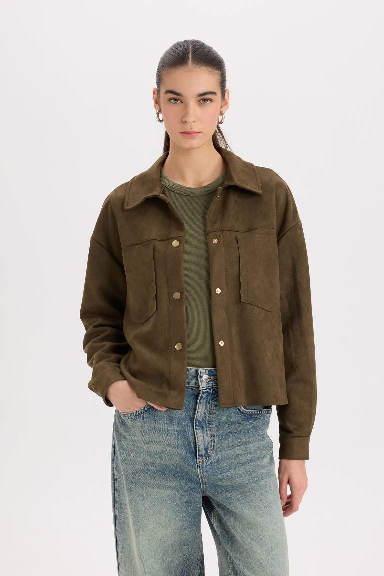 Shirt Collar Pocketed Suede Crop Jacket