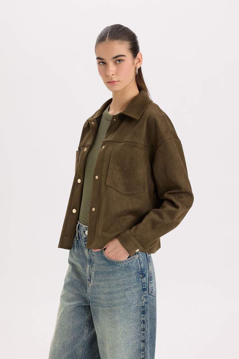 Shirt Collar Pocketed Suede Crop Jacket