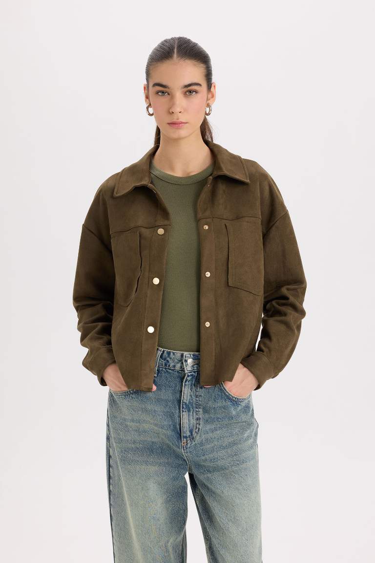 Shirt Collar Pocketed Suede Crop Jacket