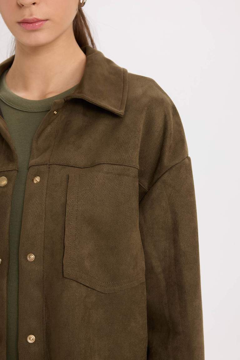 Shirt Collar Pocketed Suede Crop Jacket