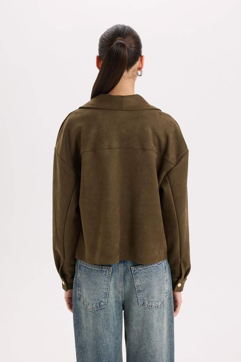 Shirt Collar Pocketed Suede Crop Jacket