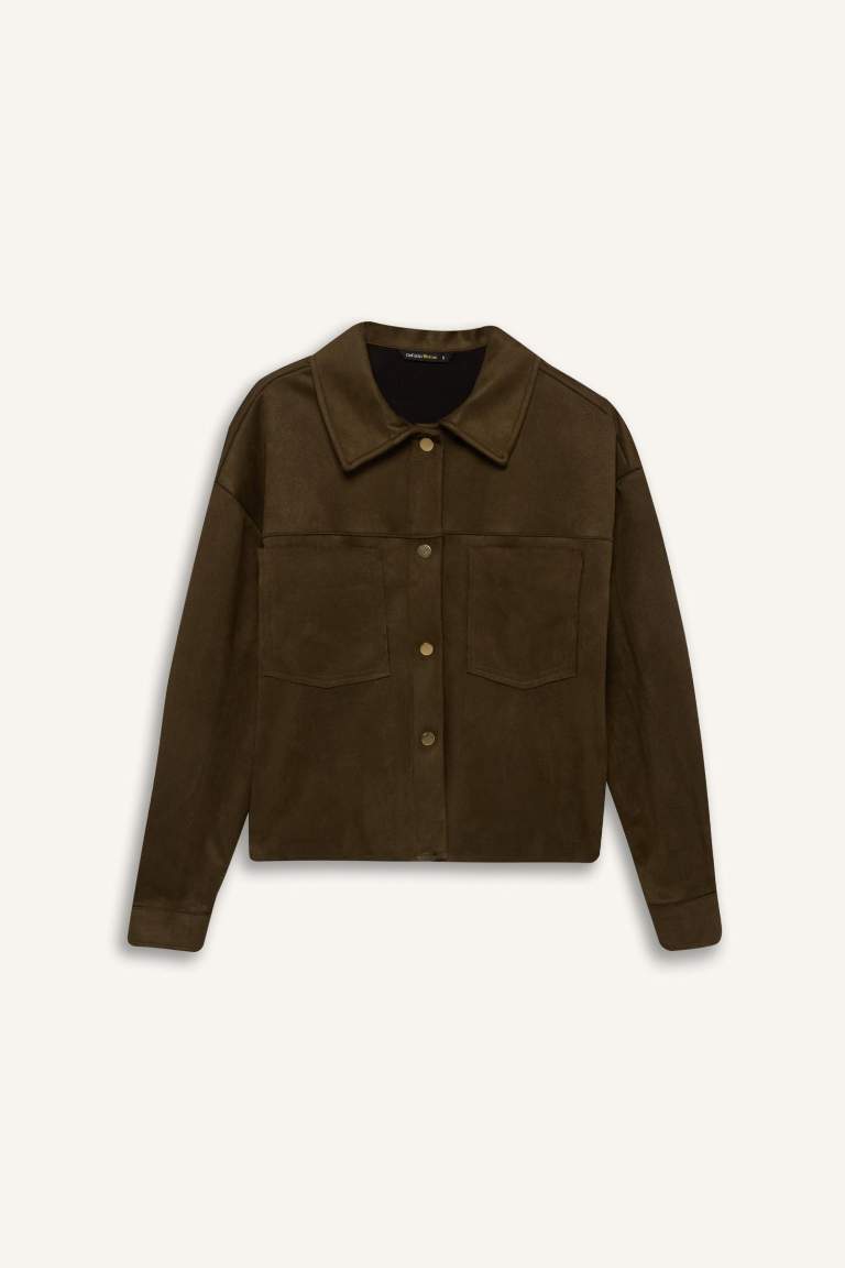 Shirt Collar Pocketed Suede Crop Jacket