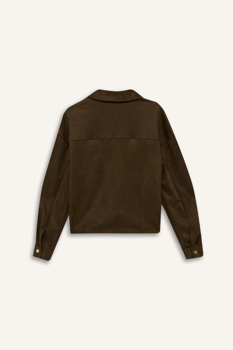 Shirt Collar Pocketed Suede Crop Jacket