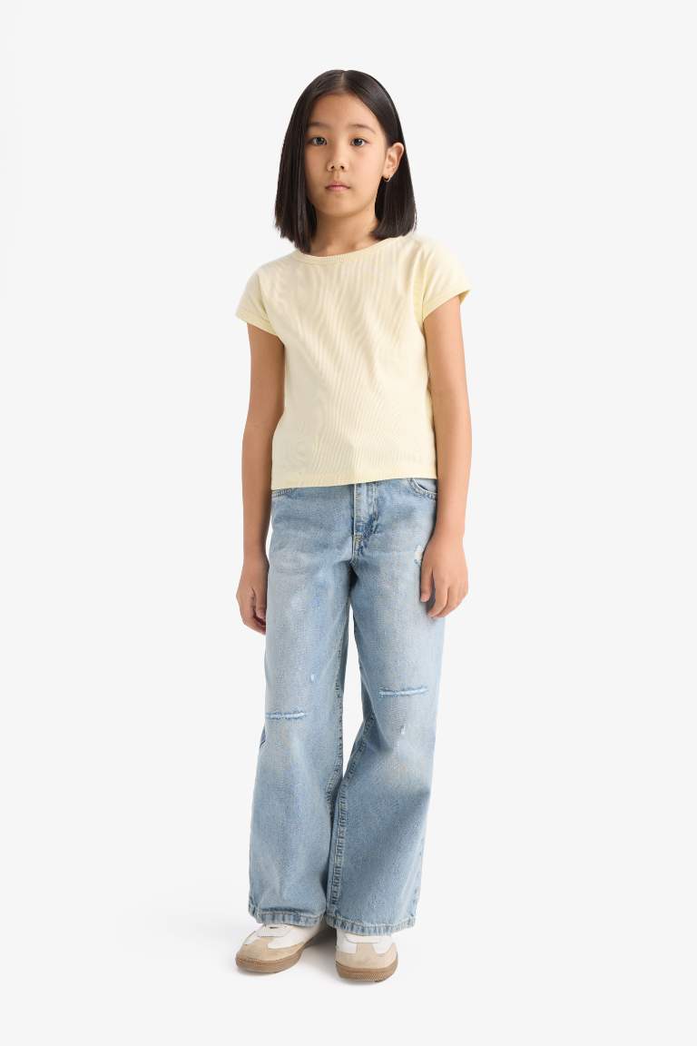 Girl Slim Fit Crew Neck Basic Corduroy T-shirt