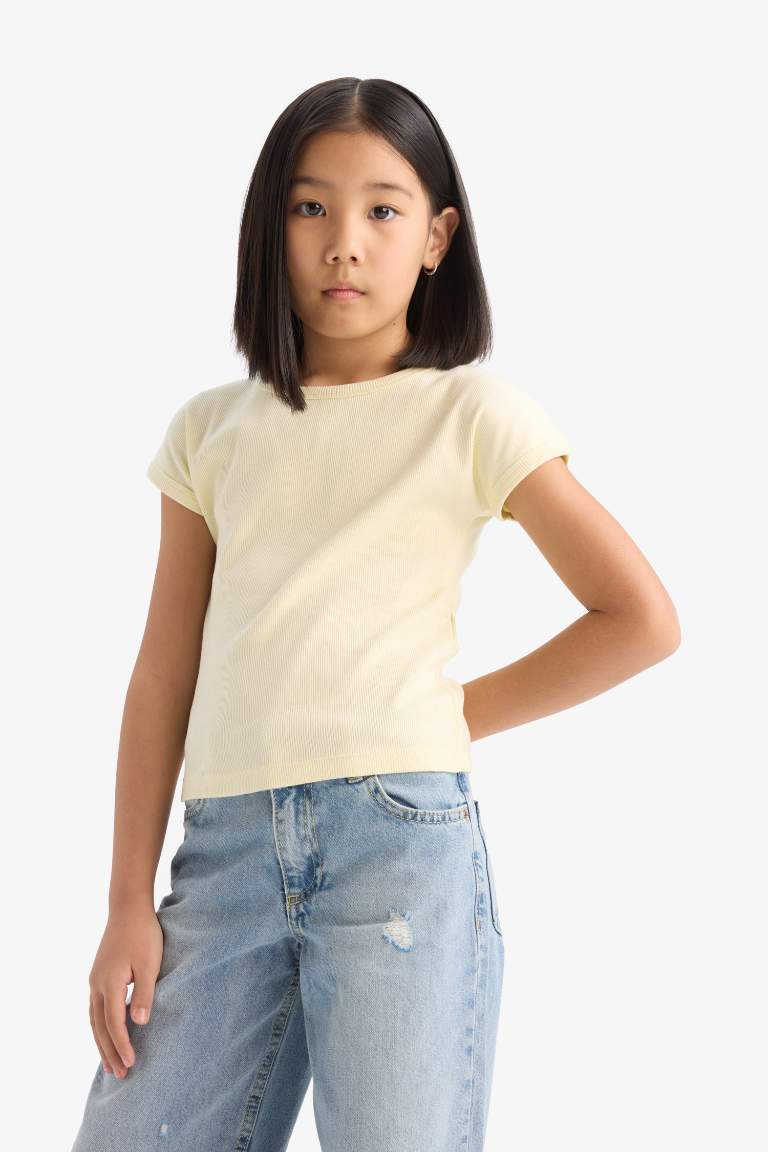 Girl Slim Fit Crew Neck Basic Corduroy T-shirt