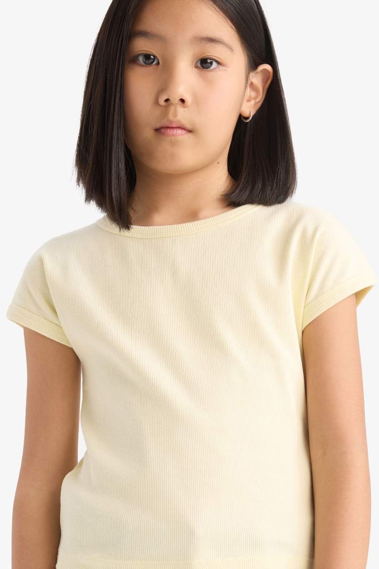 Girl Slim Fit Crew Neck Basic Corduroy T-shirt