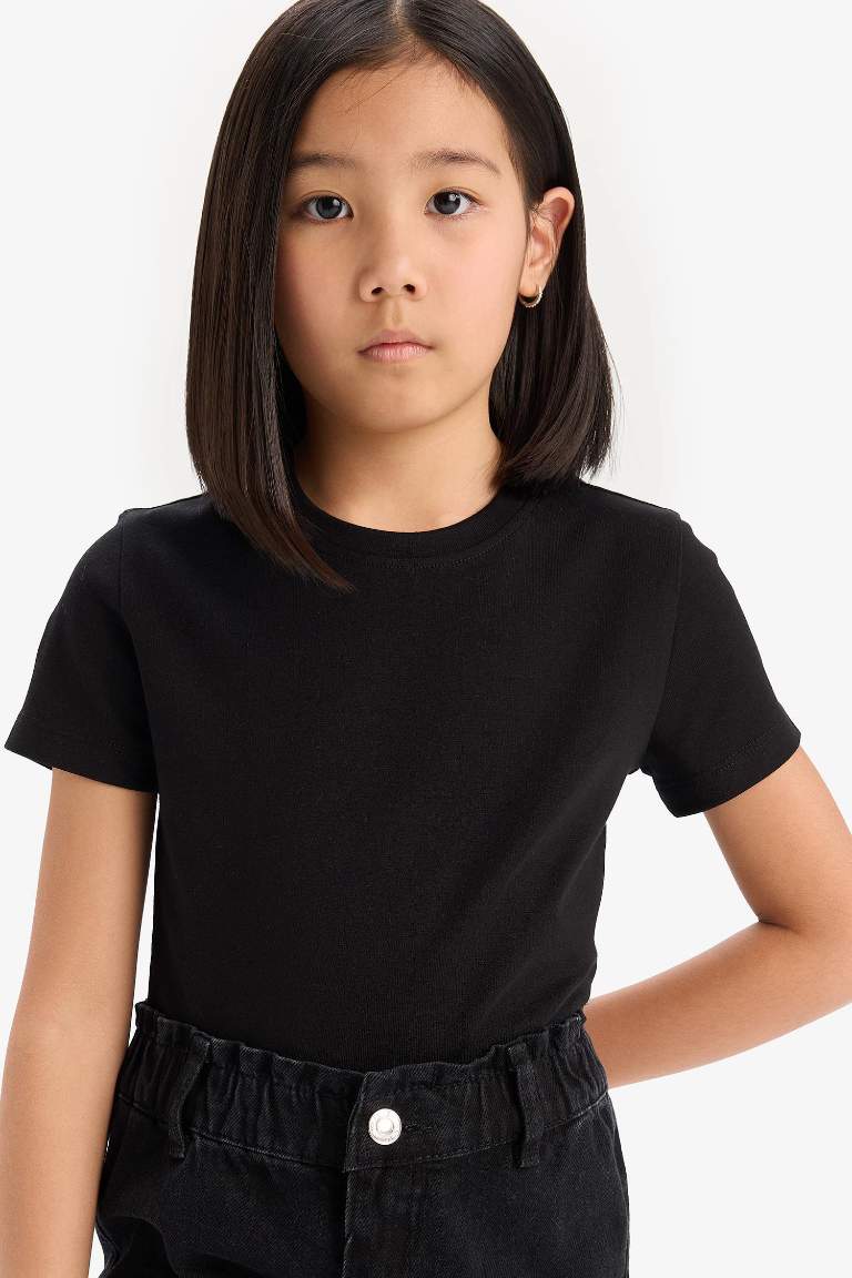 Kız Çocuk Slim Fit Dar Kesim Bisiklet Yaka Ribana Basic Düz Kısa Kollu Tişört