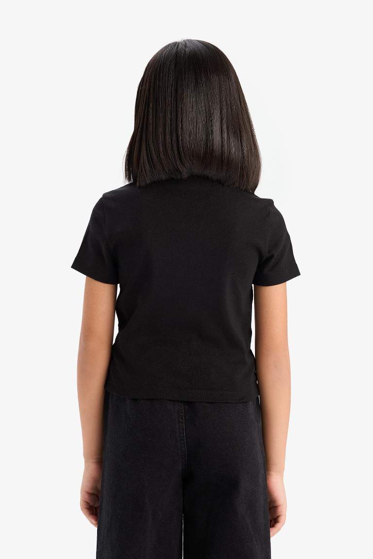 Kız Çocuk Slim Fit Dar Kesim Bisiklet Yaka Ribana Basic Düz Kısa Kollu Tişört