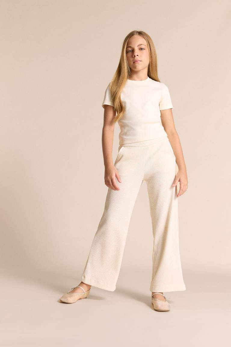 Kız Çocuk Slim Fit Dar Kesim Bisiklet Yaka Ribana Basic Düz Kısa Kollu Tişört