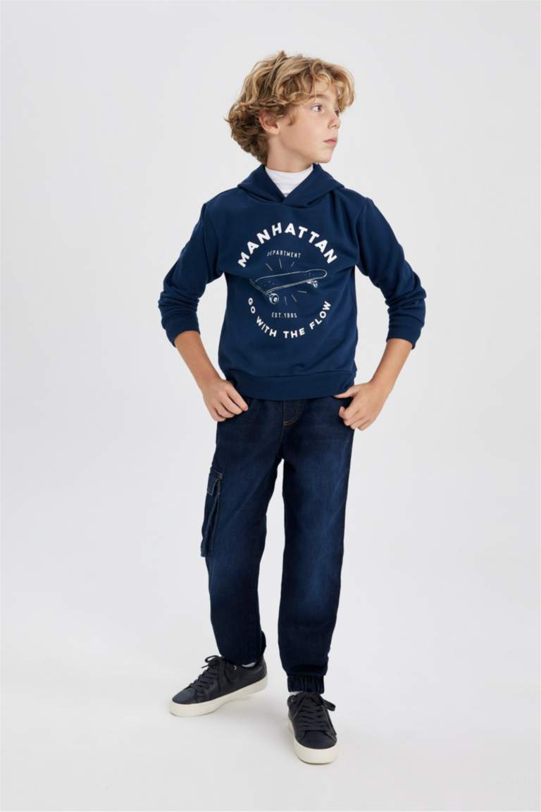Erkek Çocuk Baskılı Kapüşonlu Kalın Sweatshirt