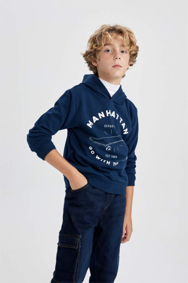 Erkek Çocuk Baskılı Kapüşonlu Kalın Sweatshirt
