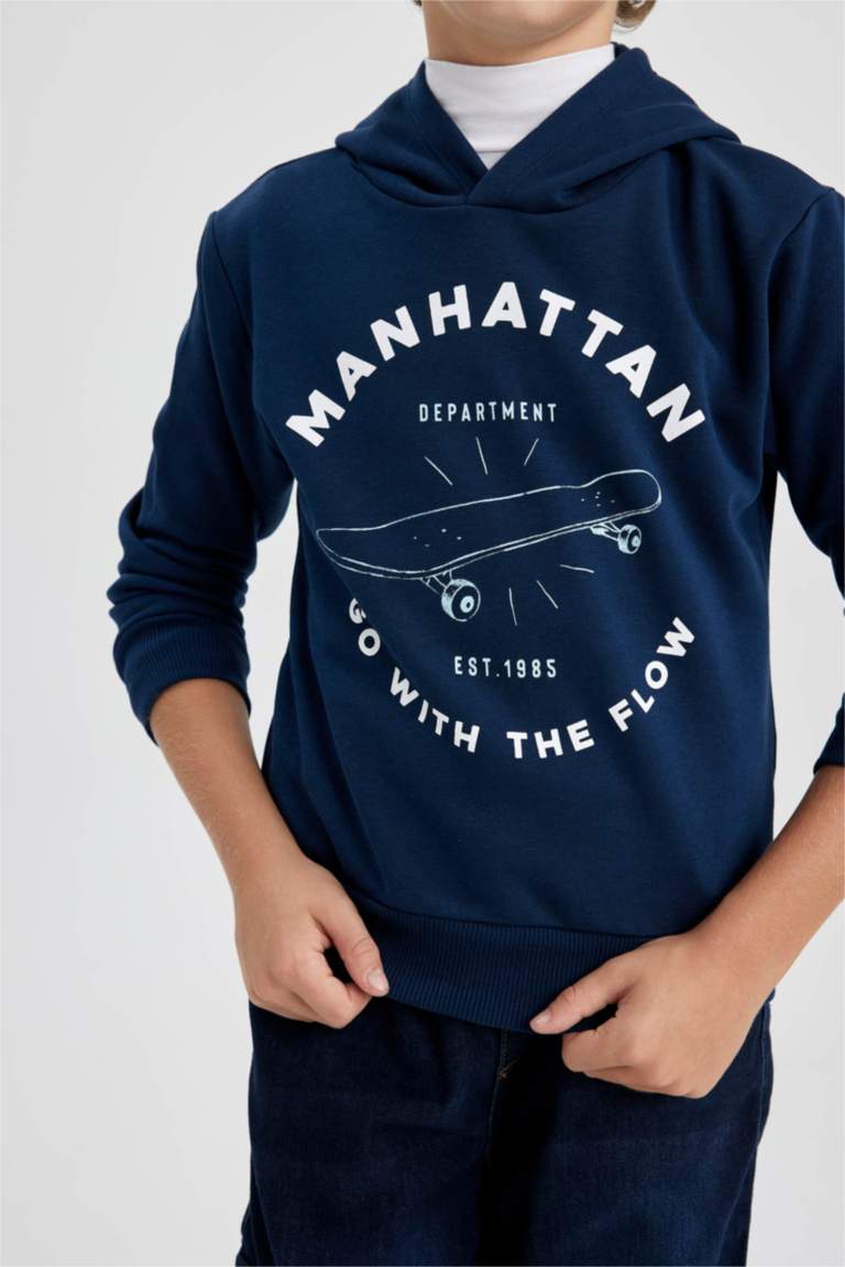 Erkek Çocuk Baskılı Kapüşonlu Kalın Sweatshirt