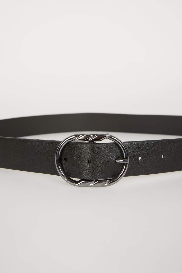 Woman Oval Buckle Faux Leather Jean Belt