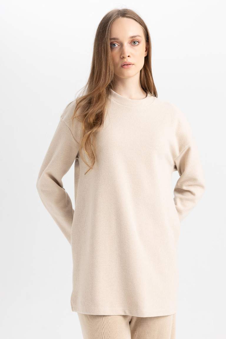 Regular Fit Bisiklet Yaka Selanik Kumaş Uzun Kollu Basic Düz Tişört Tunik