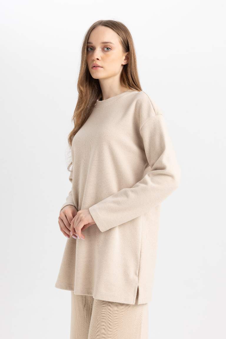 Regular Fit Bisiklet Yaka Selanik Kumaş Uzun Kollu Basic Düz Tişört Tunik