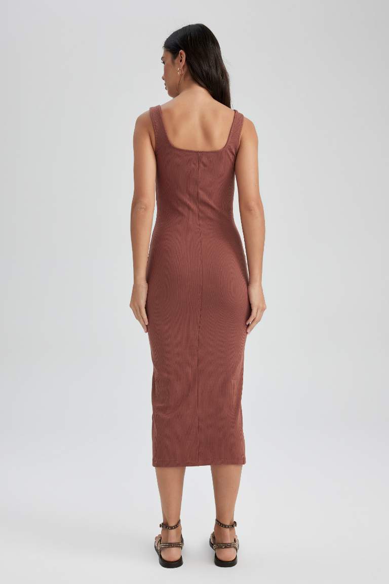 Bodycon Kare Yaka Fitilli Kaşkorse Midi Askılı Elbise