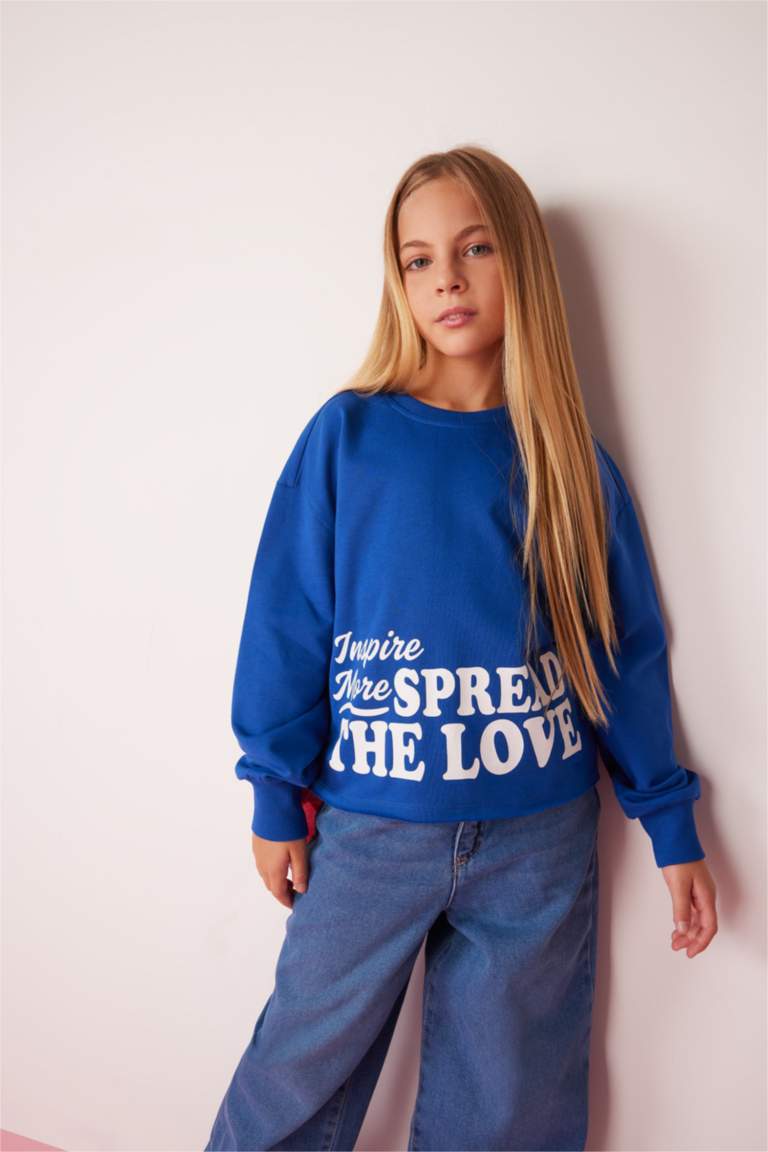 Kız Çocuk Crop Bisiklet Yaka Baskılı Sweatshirt