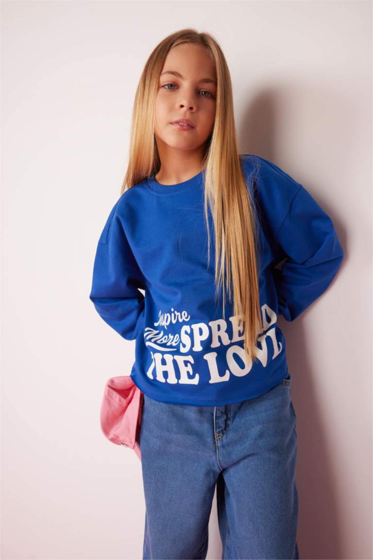 Kız Çocuk Crop Bisiklet Yaka Baskılı Sweatshirt