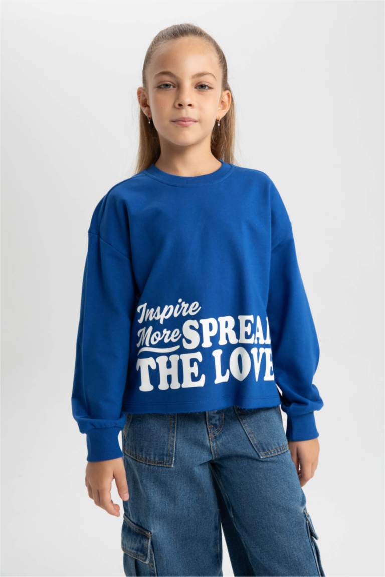 Kız Çocuk Crop Bisiklet Yaka Baskılı Sweatshirt