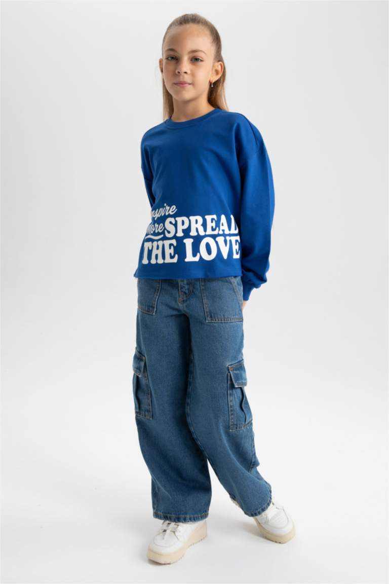 Kız Çocuk Crop Bisiklet Yaka Baskılı Sweatshirt
