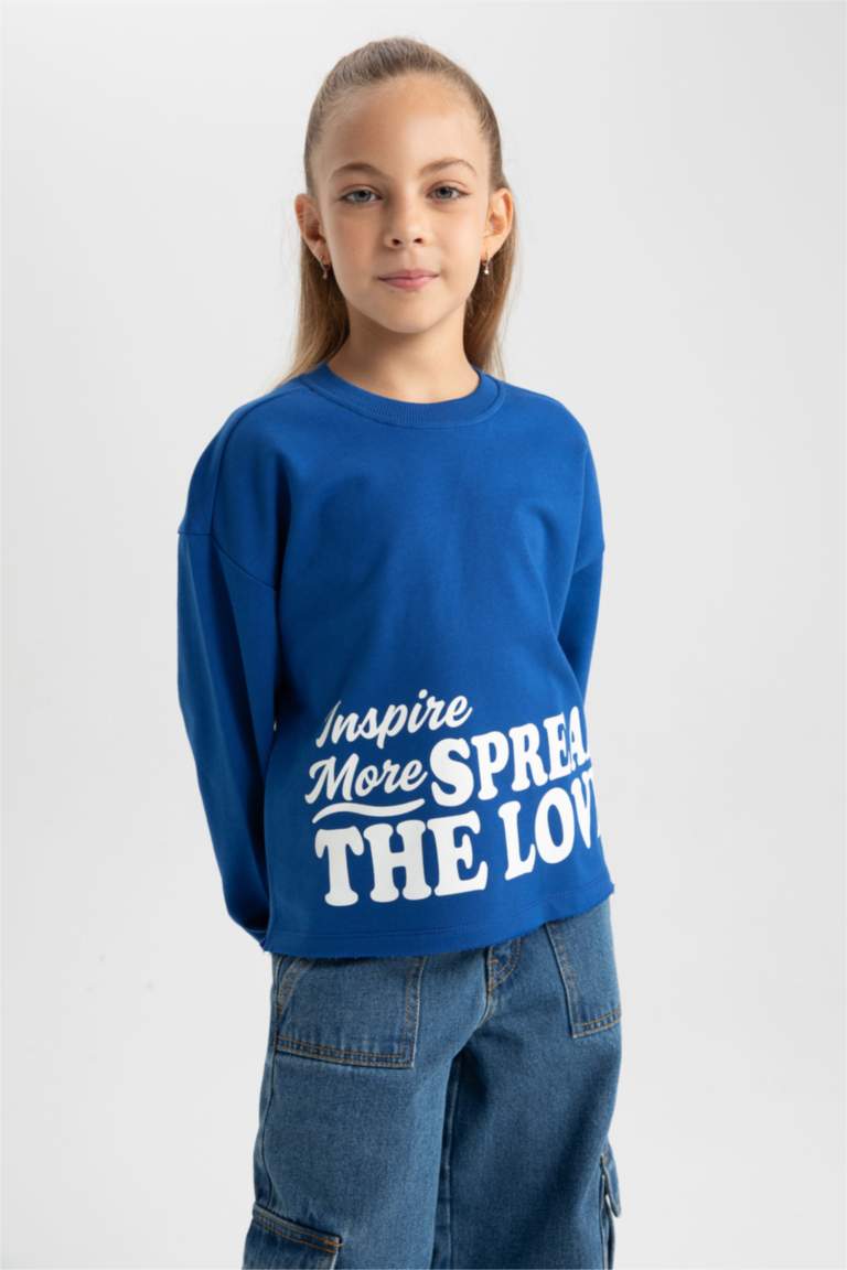 Kız Çocuk Crop Bisiklet Yaka Baskılı Sweatshirt