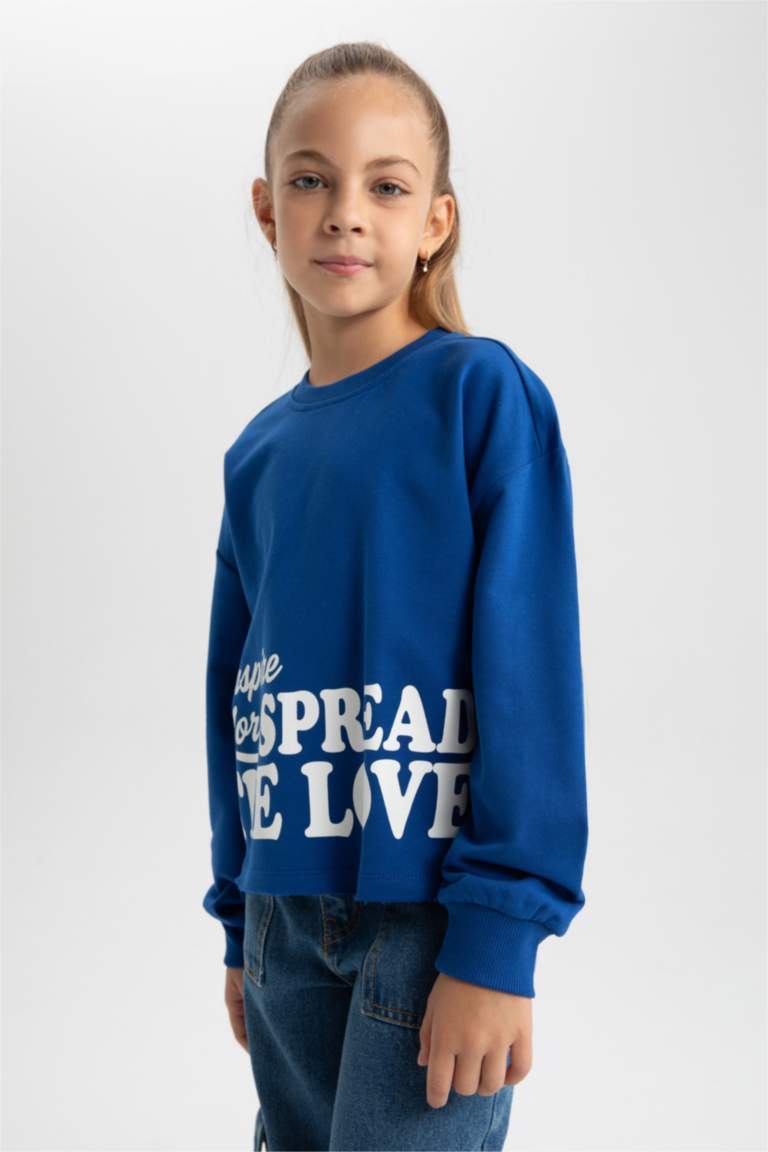 Kız Çocuk Crop Bisiklet Yaka Baskılı Sweatshirt