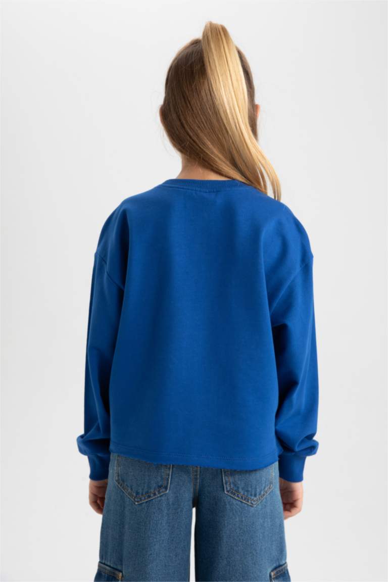 Kız Çocuk Crop Bisiklet Yaka Baskılı Sweatshirt