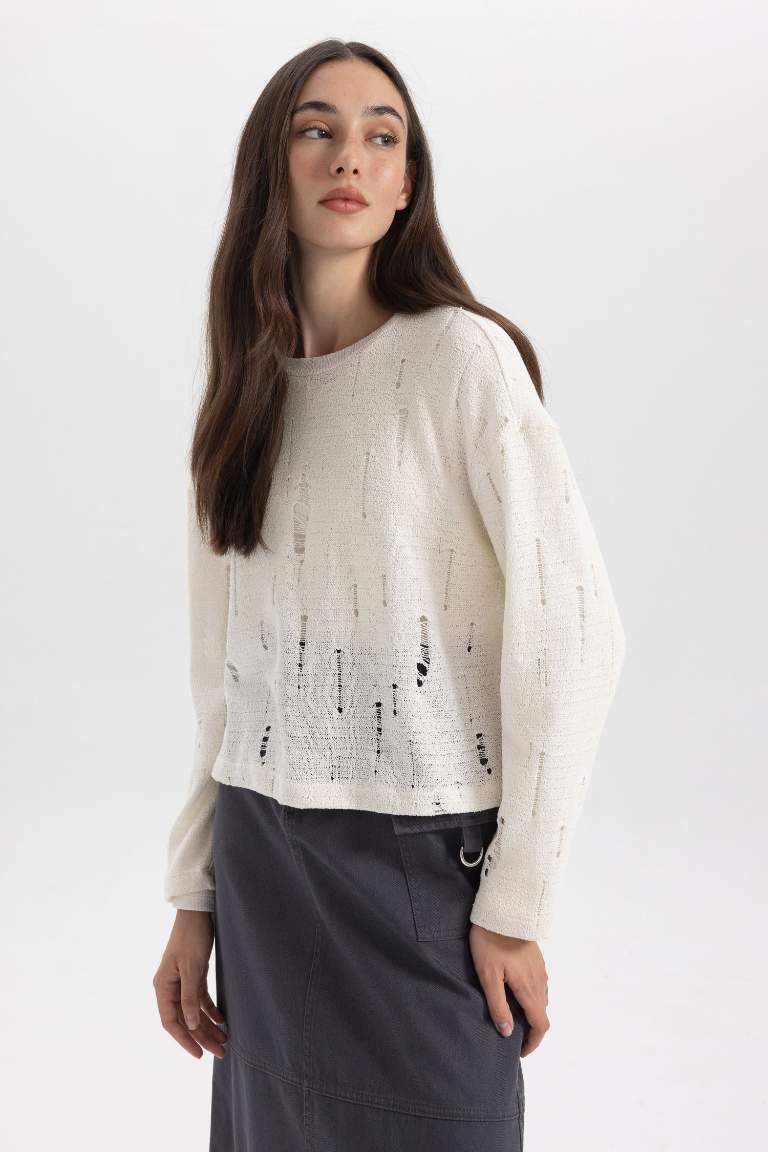 Crew Neck Long Sleeve Crochet T-Shirt Tunic