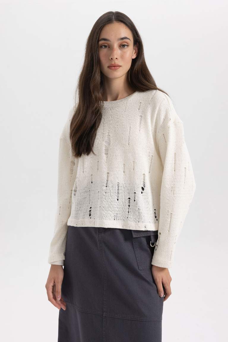 Crew Neck Long Sleeve Crochet T-Shirt Tunic