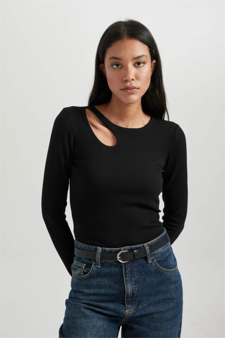Black WOMEN Slim Fit Crew Neck Camisole Long Sleeve TShirt 2939097