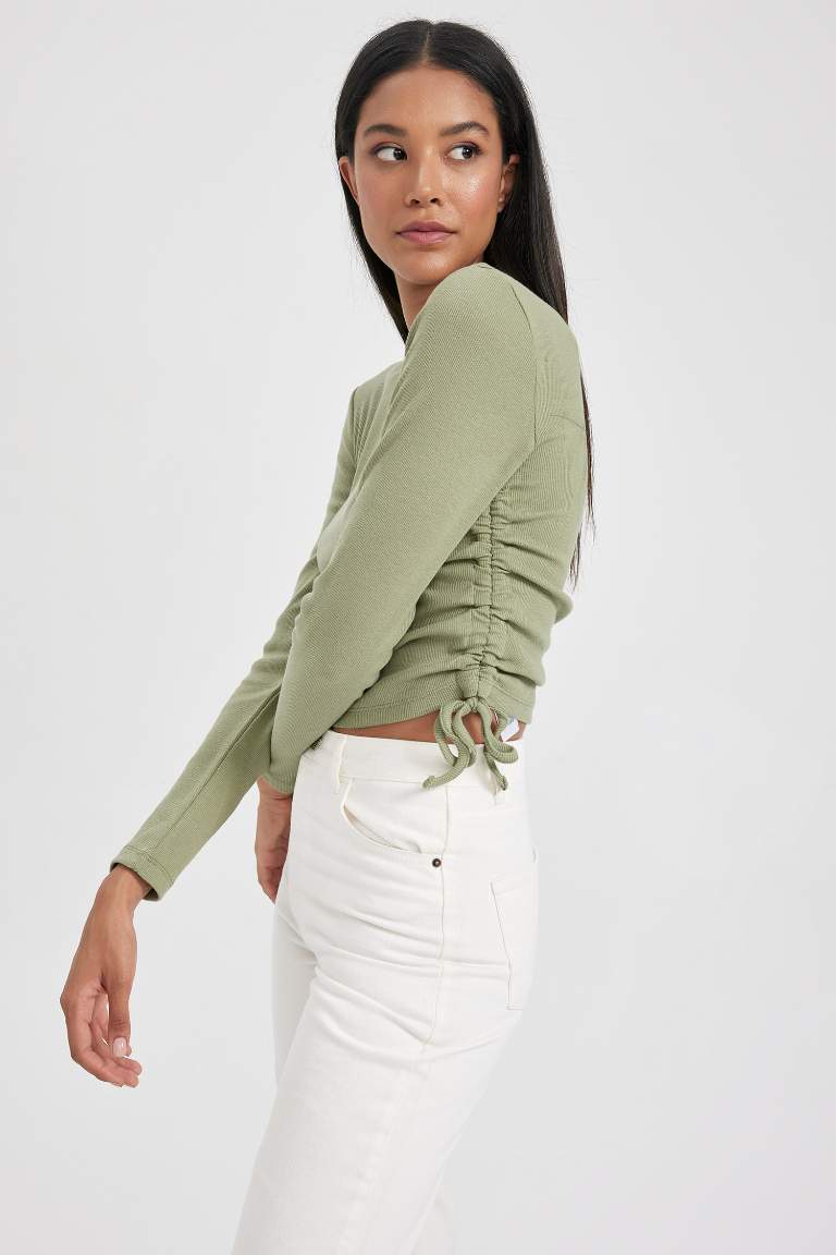 Slim Fit Dar Kesim Bisiklet Yaka Fitilli Kaşkorse Uzun Kollu Tişört