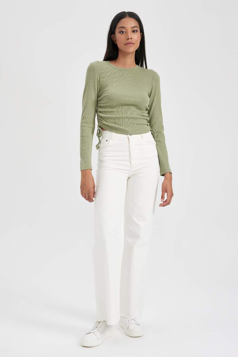 Slim Fit Dar Kesim Bisiklet Yaka Fitilli Kaşkorse Uzun Kollu Tişört
