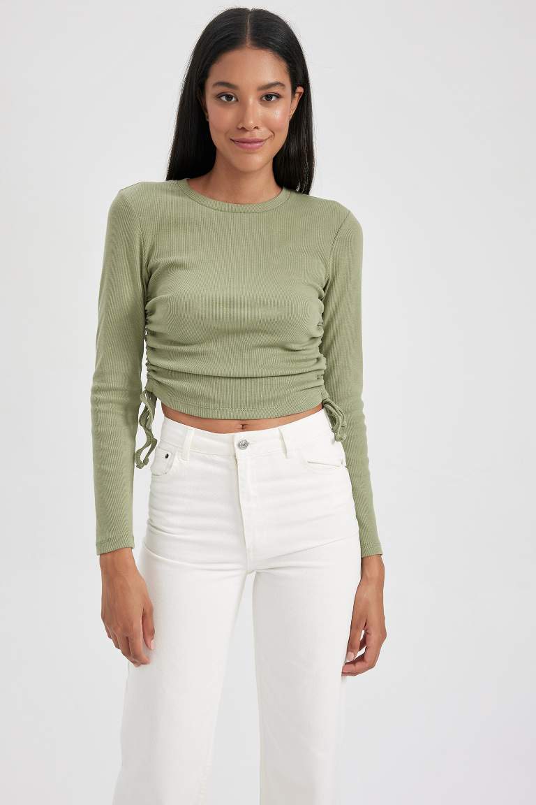 Slim Fit Dar Kesim Bisiklet Yaka Fitilli Kaşkorse Uzun Kollu Tişört