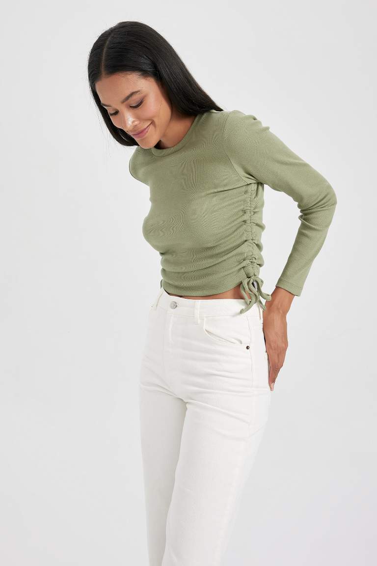 Slim Fit Dar Kesim Bisiklet Yaka Fitilli Kaşkorse Uzun Kollu Tişört