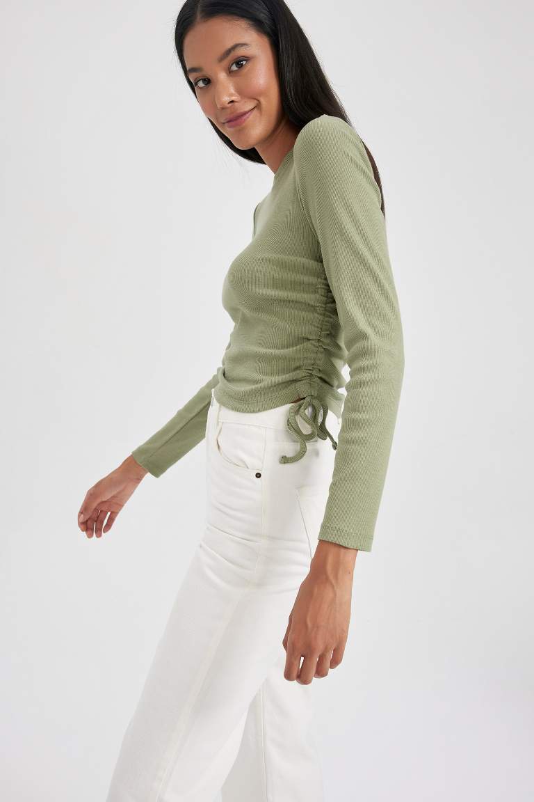 Slim Fit Dar Kesim Bisiklet Yaka Fitilli Kaşkorse Uzun Kollu Tişört
