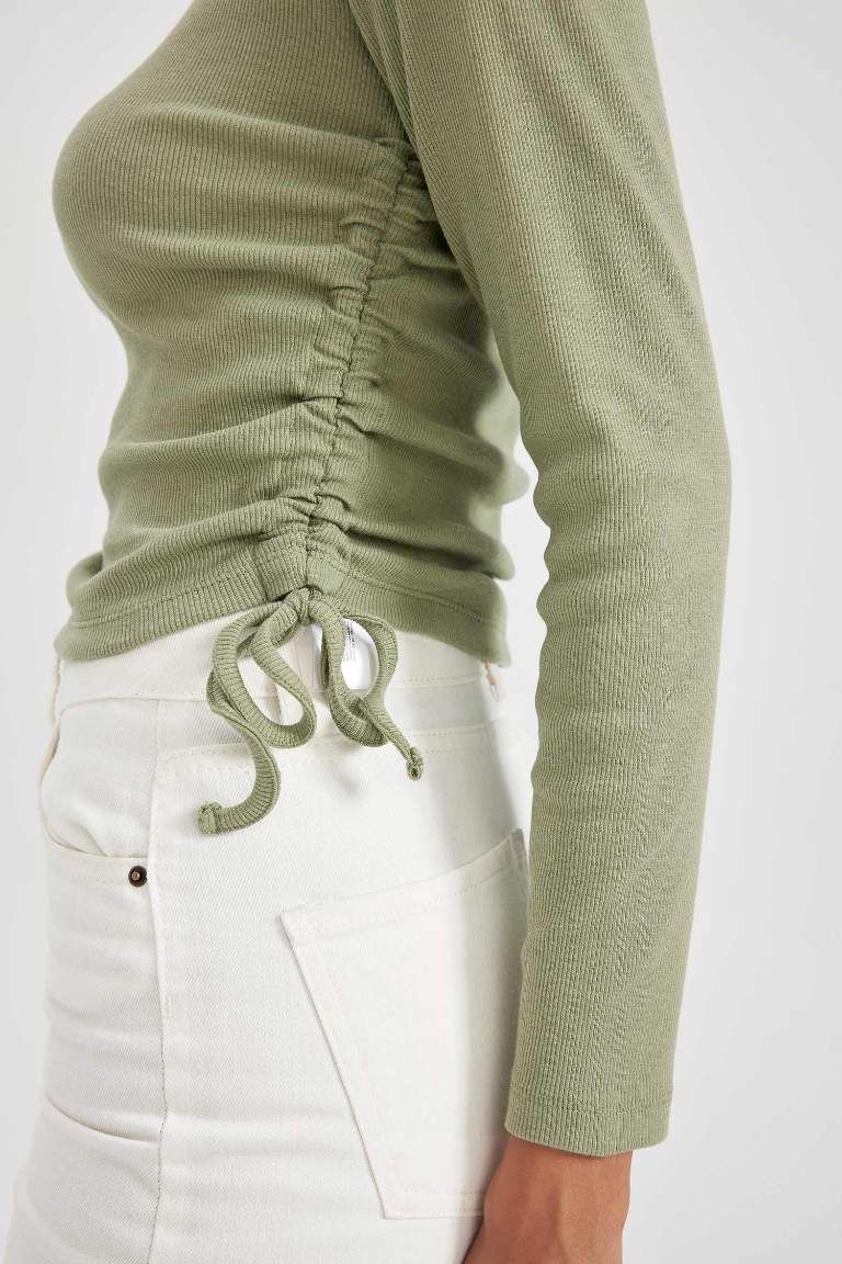 Slim Fit Dar Kesim Bisiklet Yaka Fitilli Kaşkorse Uzun Kollu Tişört