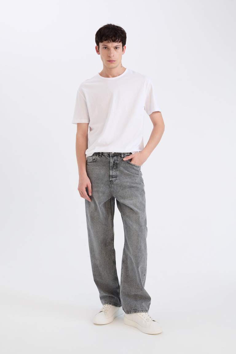 %100 Pamuk Baggy Fit Geniş Kalıp Normal Bel Geniş Paça Jean Pantolon