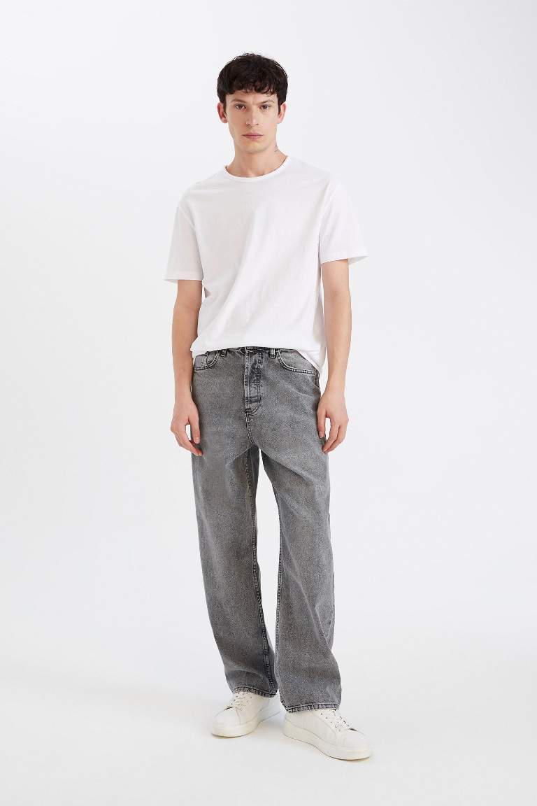 %100 Pamuk Baggy Fit Geniş Kalıp Normal Bel Geniş Paça Jean Pantolon