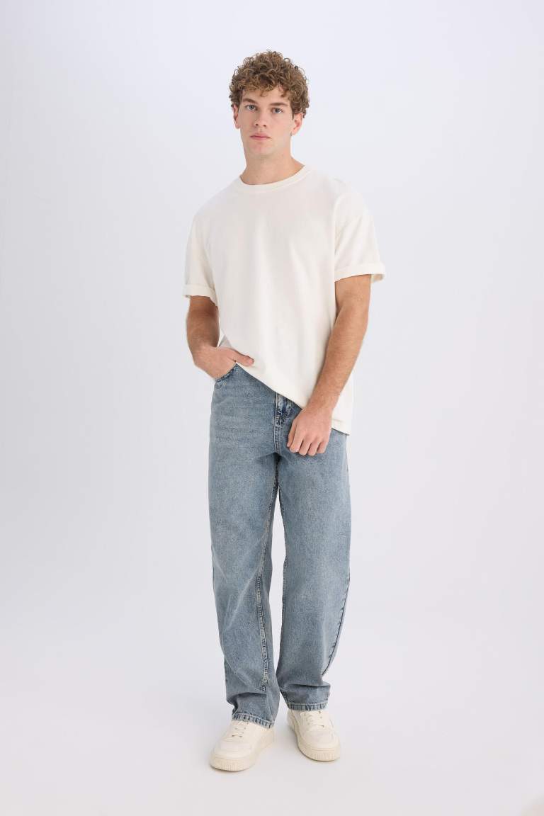 %100 Pamuk Baggy Fit Geniş Kalıp Normal Bel Geniş Paça Jean Yıkamalı Pantolon