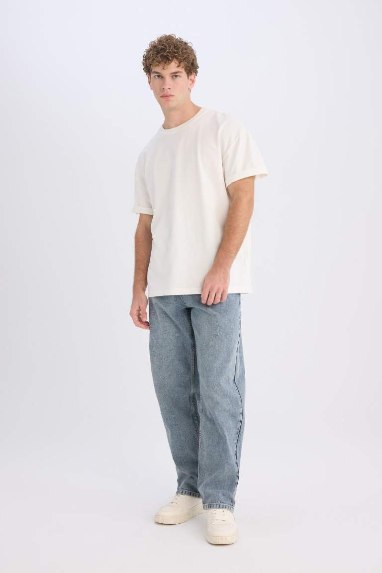 %100 Pamuk Baggy Fit Geniş Kalıp Normal Bel Geniş Paça Jean Yıkamalı Pantolon