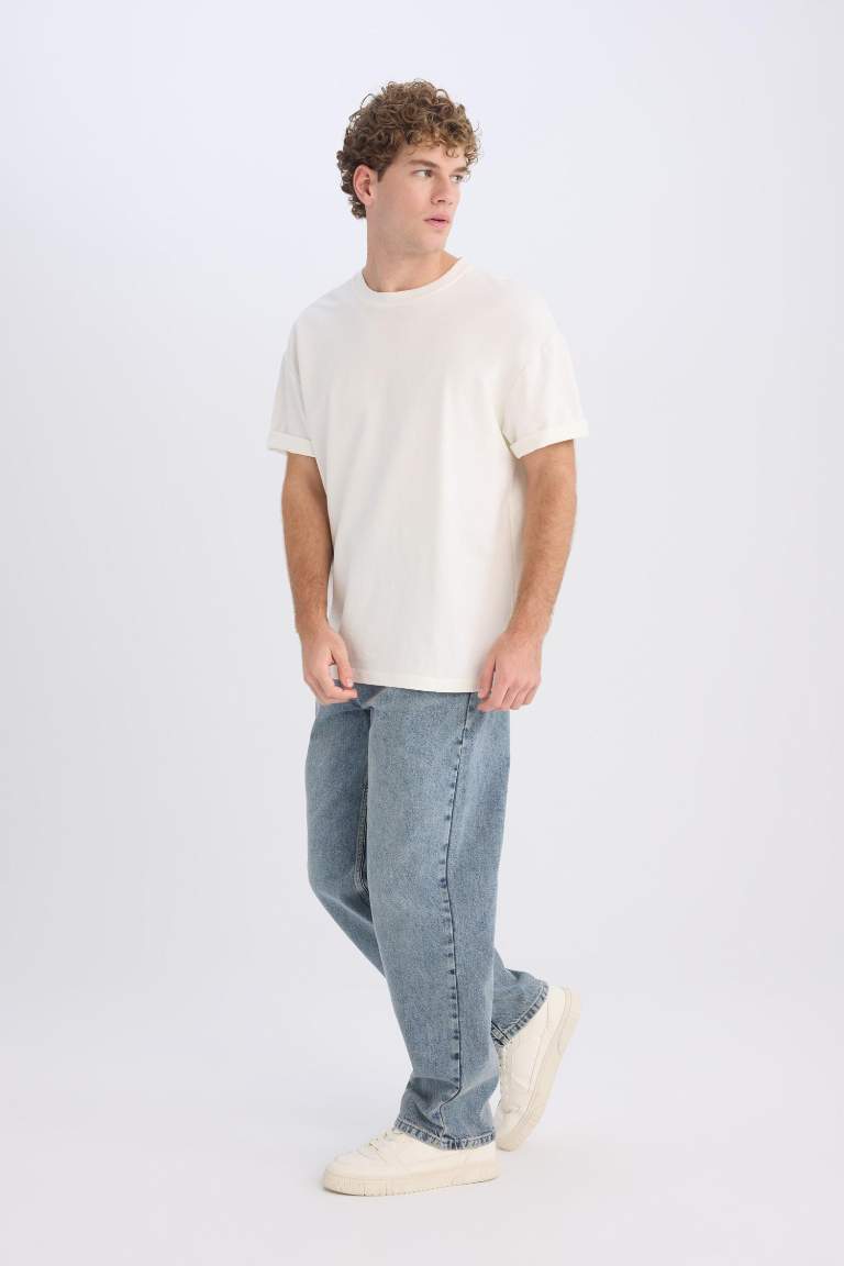 %100 Pamuk Baggy Fit Geniş Kalıp Normal Bel Geniş Paça Jean Yıkamalı Pantolon