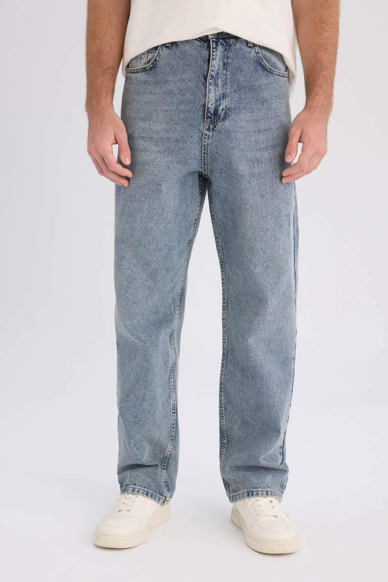 %100 Pamuk Baggy Fit Geniş Kalıp Normal Bel Geniş Paça Jean Yıkamalı Pantolon