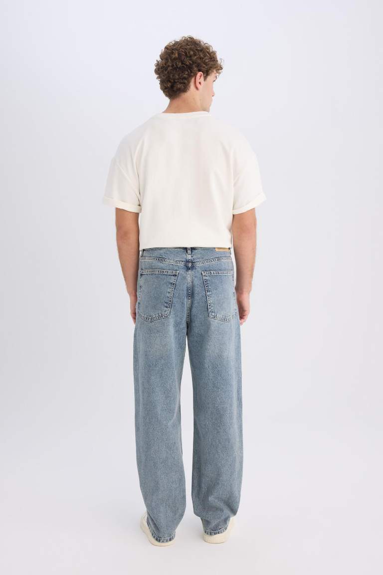 %100 Pamuk Baggy Fit Geniş Kalıp Normal Bel Geniş Paça Jean Yıkamalı Pantolon