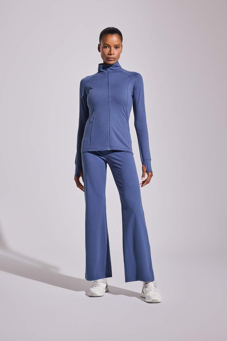 DeFactoFit Fitted Vücuda Oturan Ultra Soft Dik Yaka Çift Cepli Parmak Detaylı Fermuarlı Spor Hırka