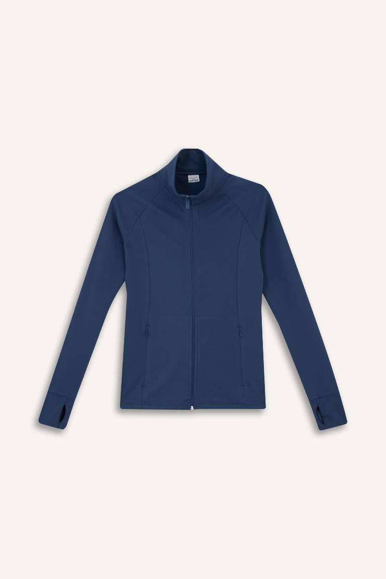 DeFactoFit Fitted Vücuda Oturan Ultra Soft Dik Yaka Çift Cepli Parmak Detaylı Fermuarlı Spor Hırka